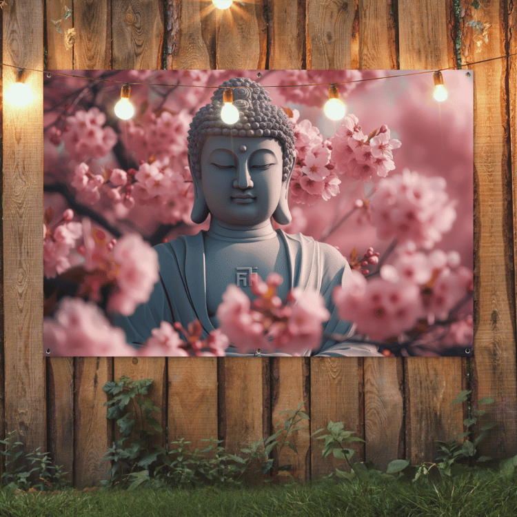 Tuinposter - Boeddha tussen de kersenbloesem