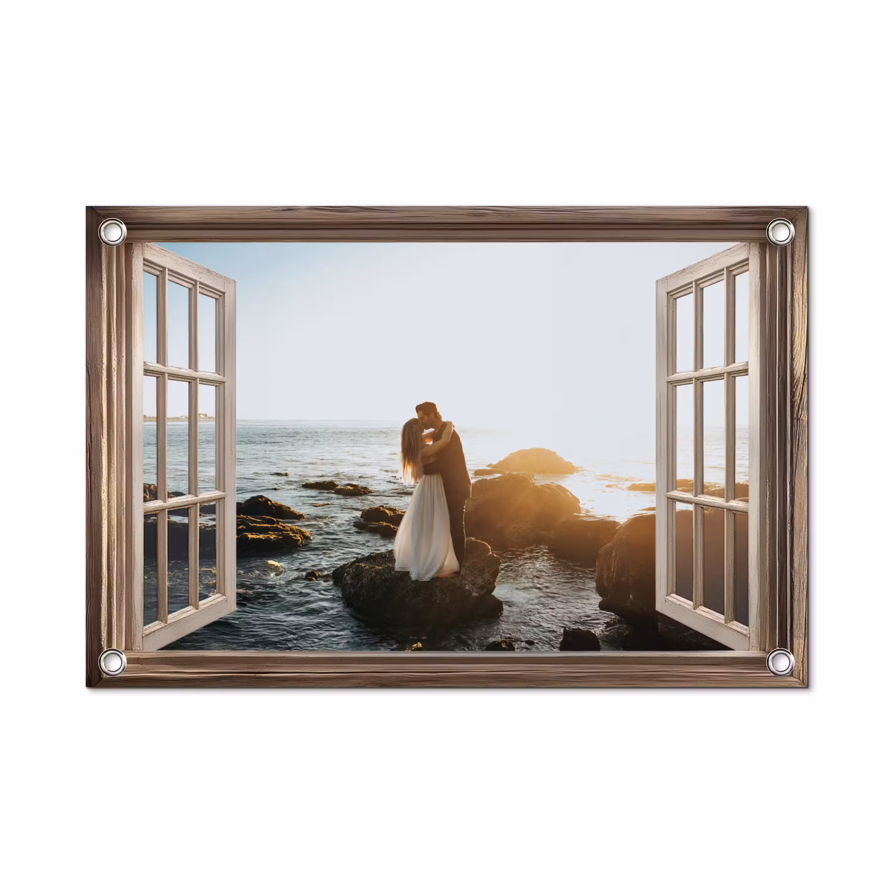 Tuinposter doorkijk met eigen foto - Bruin raam