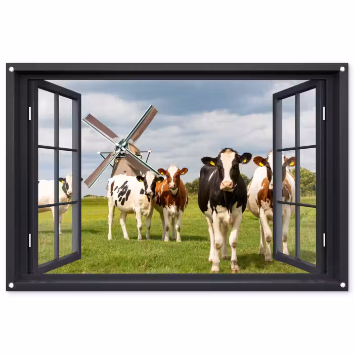 Tuinposter - Uitzicht op Koeien en Windmolen